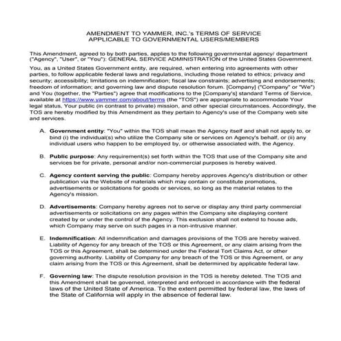 Amendment to Yammer, Inc. Terms of Service (TOS)