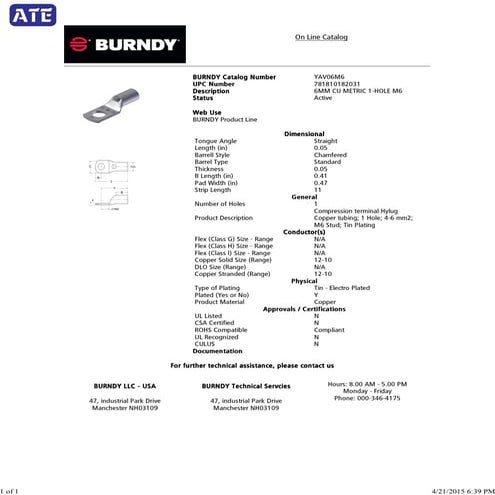 BURNDY CABLE LUG YAV06M6 
