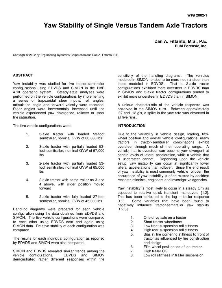 Yaw stability of single versus tandem axle tractors