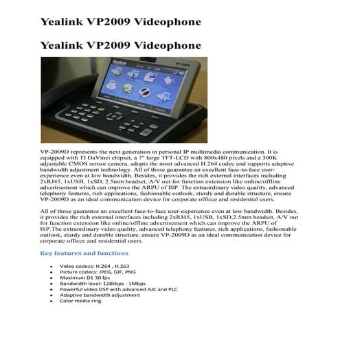 Yealink Vp2009 Videophone