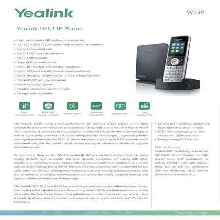 Điện thoại ip không dây Yealink w53P datasheet