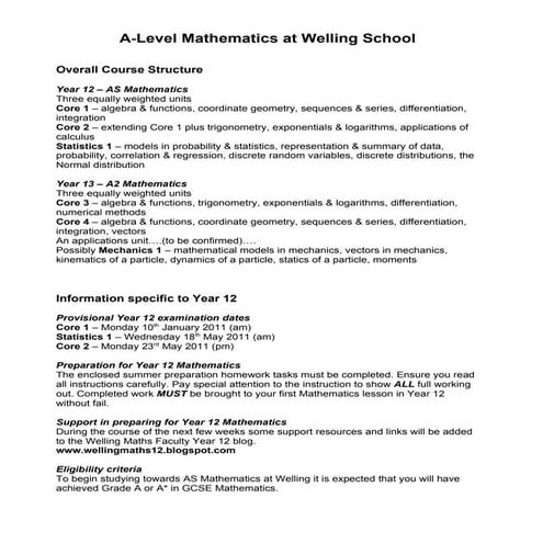 Summer Task - MATHS - Year 12 maths info