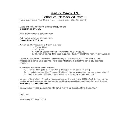 Year 12 summer 2012 cover work