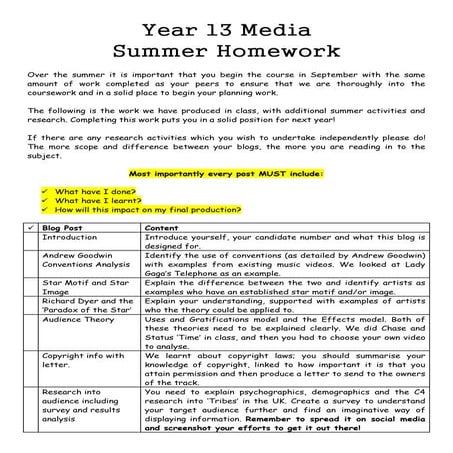 Year 13 summer homework
