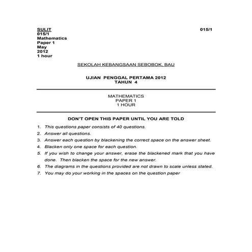 mathematics Year 4   paper 1 penggal 1