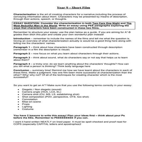 Year 9 – short film characterisation essay