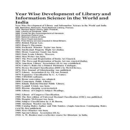 Year wise development of library and information science in the world and india