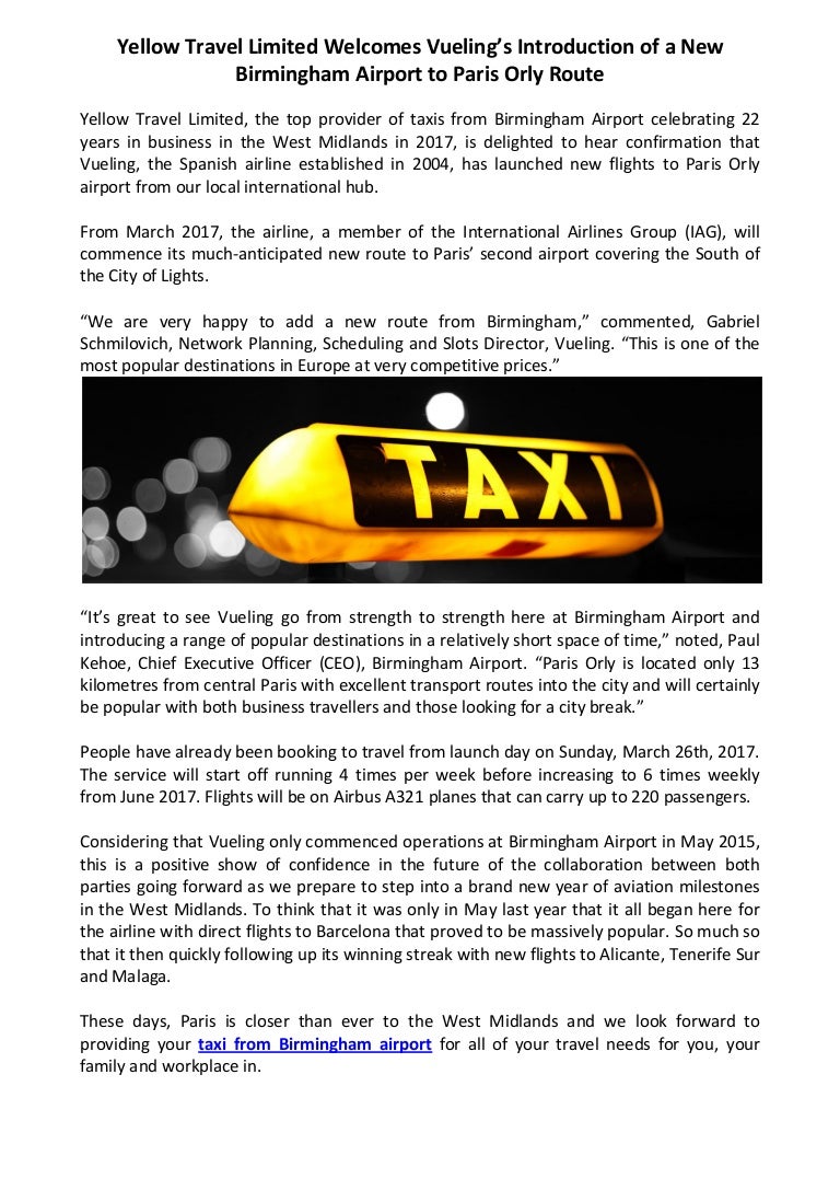 Yellow Travel Limited Welcomes Taxi From Birmingham Airport