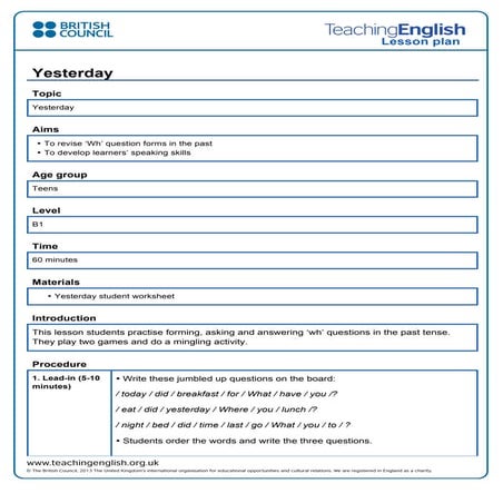 Picture of Yesterday lesson plan | PDF