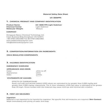 Light stabilizer uv 3808pp5 cas 167078 06-0 safety data sheet msds sds baoxu ...
