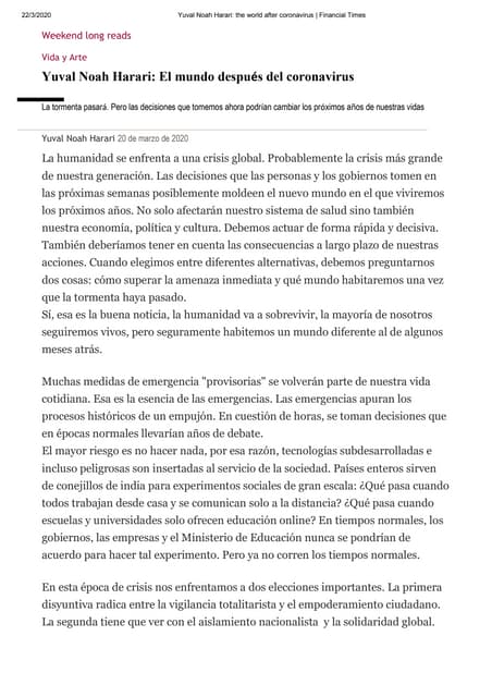 El escritor e historiador Yuval N. Harari sobre la pandemia del coronavirus c...