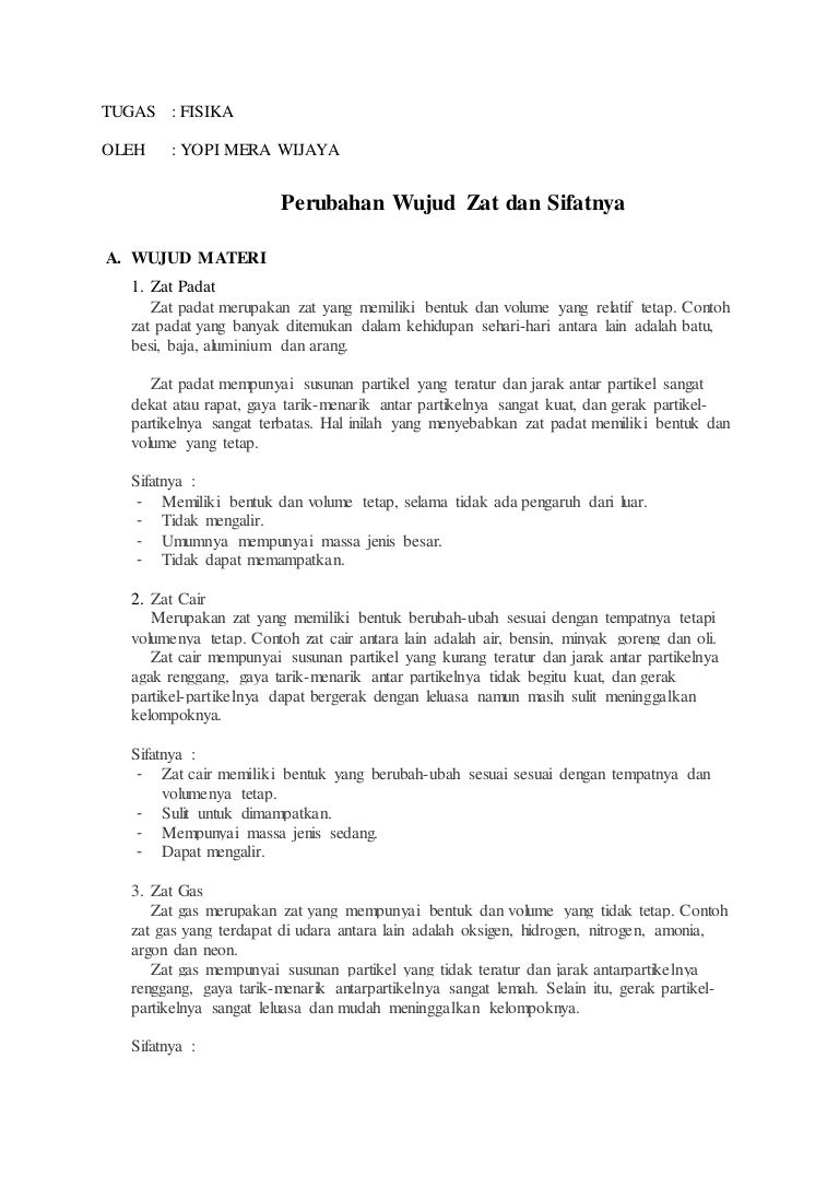 Perubahan Wujud Zat Dan Sifatnya