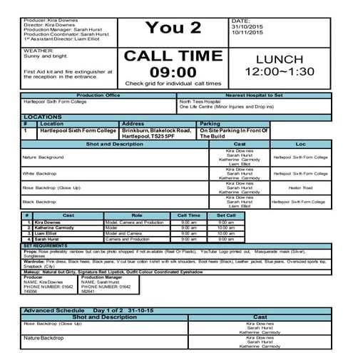 You 2 Call Sheet