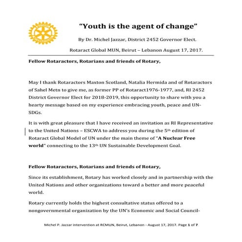 Youth is the agent of change by Rotary International Representative to United Nations, Dr. Michel Jazzar