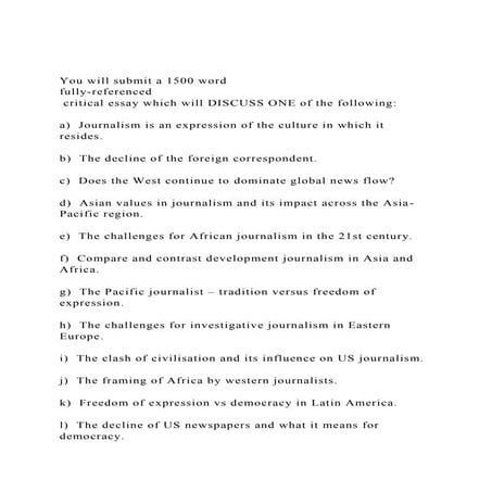 You will submit a 1500 word fully-referenced critical essay .docx