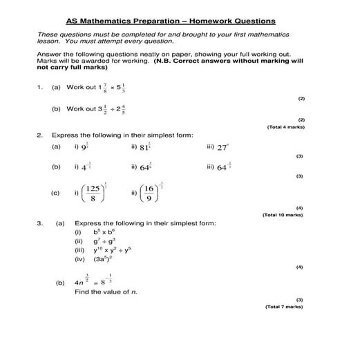Summer Task - MATHS - Yr 12 preparation