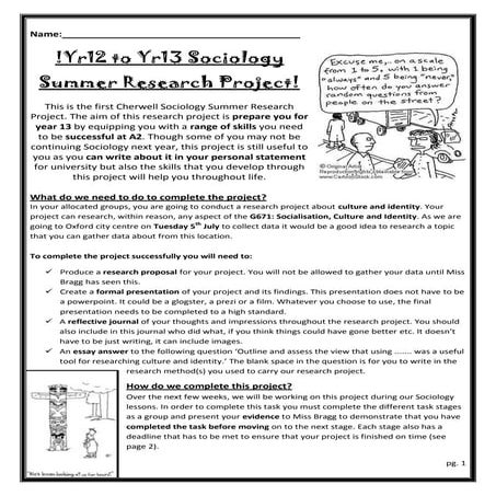 Yr12 to yr13 sociology summer project instruction