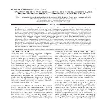 Evaluation of antibacterial efficacy of some alcohol based hand sanitizers so...