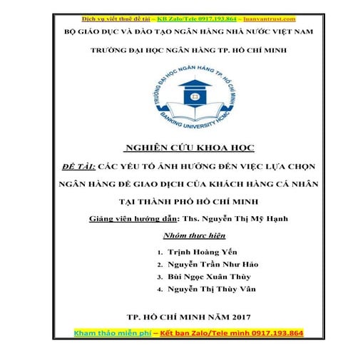 Yếu tố ảnh hưởng đến việc lựa chọn ngân hàng để giao dịch của khách hàng cá n...