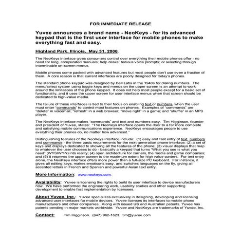 Yuvee press release May 2006 announcing NeoKeys branding for Yuvee's patent u...