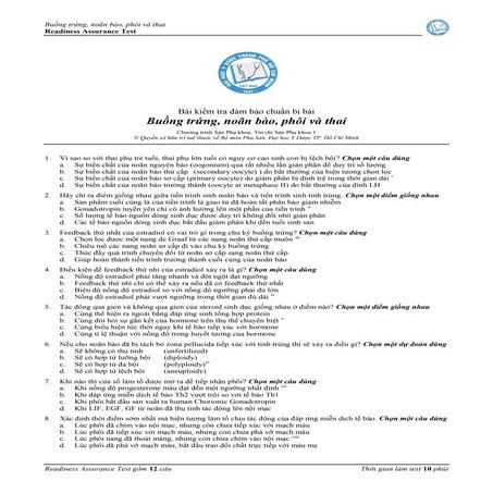 TRẮC NGHIỆM BUỒNG TRỨNG, NOÃN BÀO, PHÔI VÀ THAI