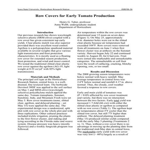 Row Covers for Early Tomato Production; Gardening Guidebook for Iowa 