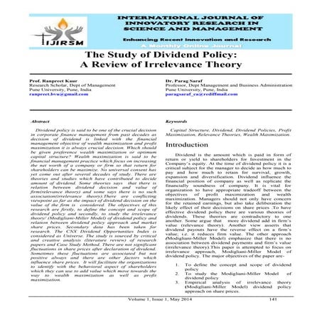 Ijirsm ranpreet-kaur-the-study-of-dividend policy-a-review-of-irrelevance-theory