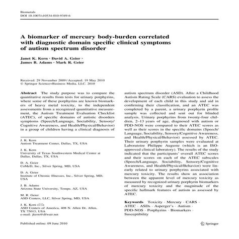 Mercury Body Burden Correlated with Autism Disorder 