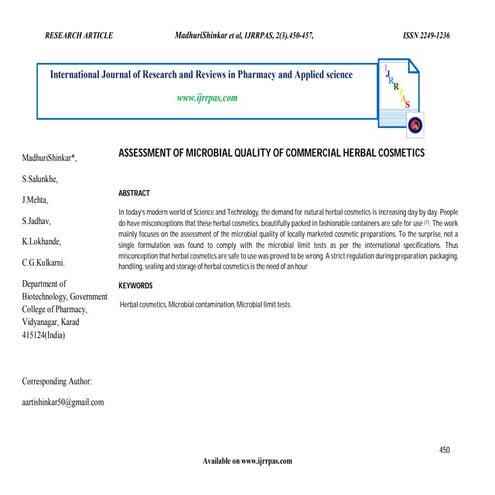 Assessment of Microbial Quality of Commercial Herbal Cosmetics | PDF