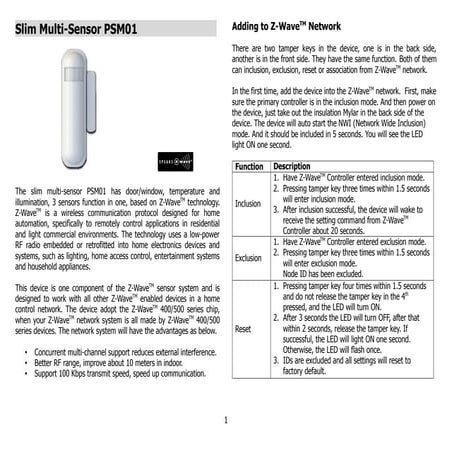 3 in 1 multi sensor Philio PSM01 (door, window, temperature, lightness) manual