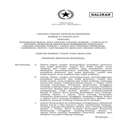 UU Nomor 10 Tahun 2016 ( PILKADA )