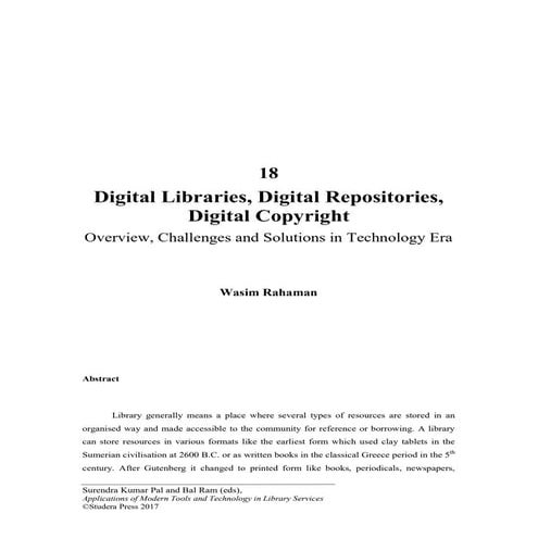 Digital Libraries, Digital Repositories, Digital Copyright: Overview, Challen...