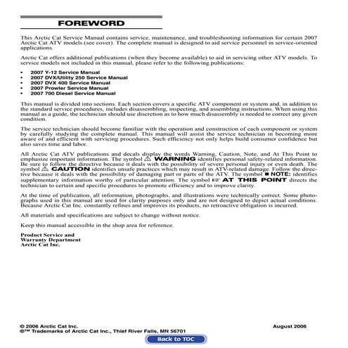 2007 Arctic Cat 650 H1 ATV Service Repair Manual