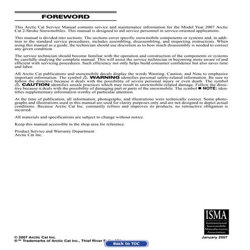 2007 Artic Cat 800cc 2-Stroke Snowmobile Service Repair Manual