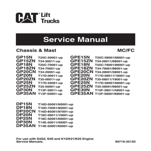 Caterpillar Cat DP30N Forklift Lift Trucks Service Repair Manual SN:T14E-3001...