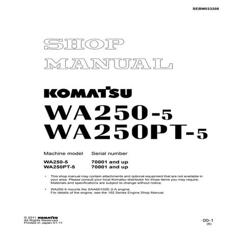 Komatsu WA250-5 Wheel Loader Service Repair Manual (SN: 70001 and up) | PDF