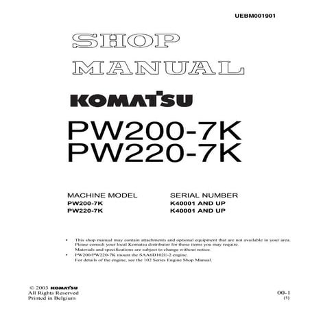 Komatsu PW220-7K Hydraulic Excavator Service Repair Manual SN:K40001 ...