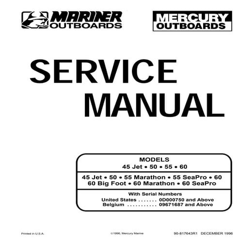 Mercury Mariner Outboard 45 Jet / 50 / 55 / 60 Service Repair Manual
