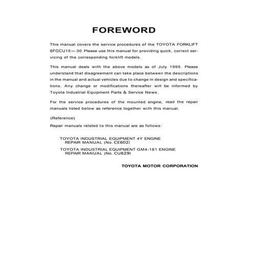 Toyota 42-6FGCU18 Forklift Service Repair Manual