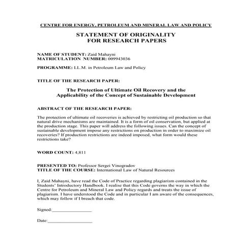 Zaid Mahayni - Protection of Ultimate Oil Recovery - CEPMLP 2000-2001