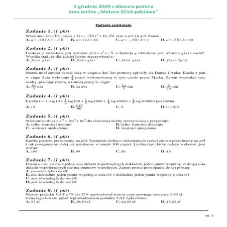 Zadania zamkniete - sprawdzian 9 grudnia 2009 r. | PDF