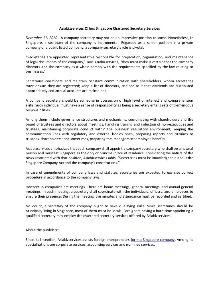 Asiabizservices Offers Singapore Chartered Secretary Services
