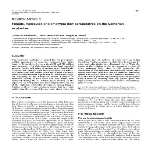 Valentine et al 1999 (fossils, molecules and embryos new perspectives on the ...