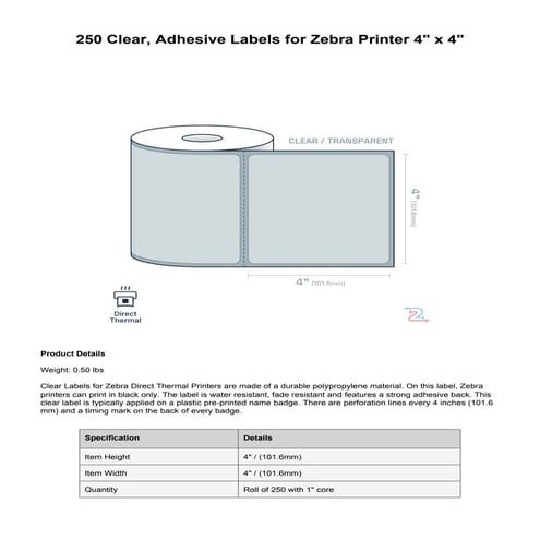 250 Clear, Adhesive Labels for Zebra Printer 3