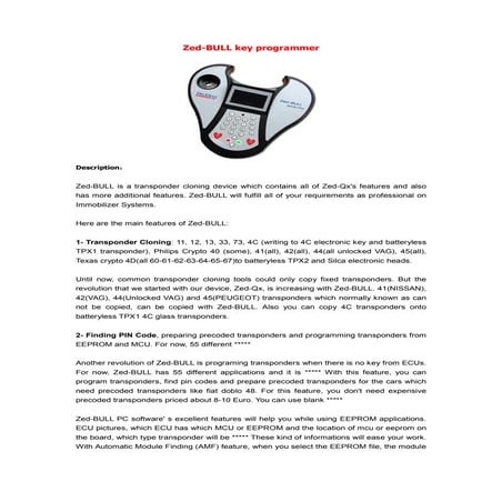 Zed bull key programmer function list