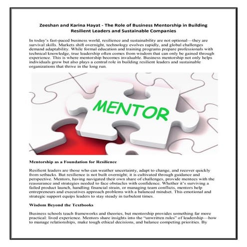 Zeeshan and Karina Hayat - The Role of Business Mentorship in Building ...