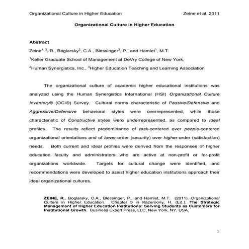 Zeine et al. 2011 Organizational Culture in Higher Education, in Kazeroony, H...