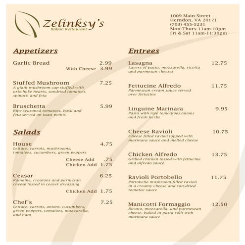 Zelinskys Italian restaurant menu