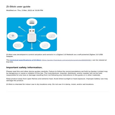 Zi-Stick UBS Dongle ZIgbee from  Aeotec manual