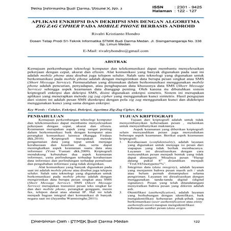 APLIKASI ENKRIPSI DAN DEKRIPSI SMS DENGAN ALGORITMA ZIG ZAG CIPHER PADA MOBILE PHONE BERBASIS ANDROID